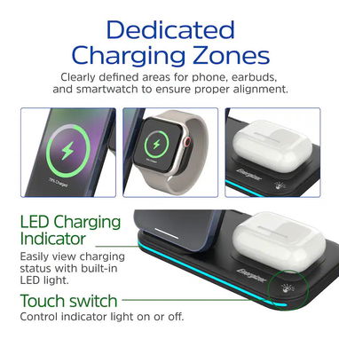 CARGADOR ENERGIZER 3 EN 1 QI 15W RGB IPHONE AIRPODS APPLE WATCH ENVÍO DISPONIBLE + GARANTÍA - 4/10
