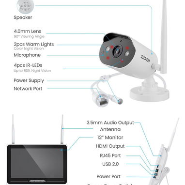 Kit de Cámaras ZOSI 88L2-3023W8-US  8 cámaras  monitor de 12" integrado y disco duro de 2 TB - 4/5