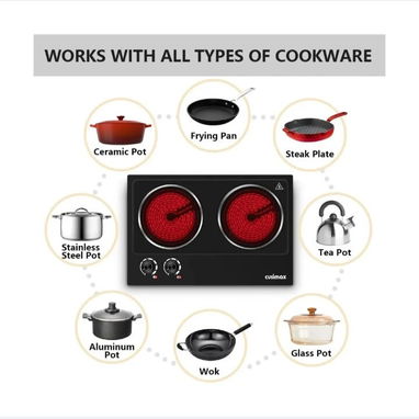 Cocina eléctrica de placa. Sobremesa de doble quemador cerámica infrarroja 1800 W Marca Cusimax - 3/3