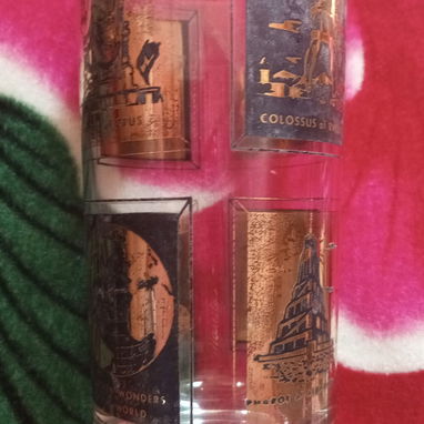 JUEGO DE VASOS ANTIGUOS 7 MARAVILLAS LAMINADO EN ORO - Img 124026937