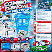 COMBO ESENCIAL PARA BAÑO Y HOGAR, CESTO DE ROPA PLÁSTICO AZUL CON TAPA, LLAVE MEZCLADORA DE LAVAMANOS, REJILLA DE PISO - Img 58205972