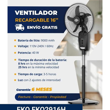 Ventilador Recargable 16" Marca Eko (Blanco y Negro) - 3/3