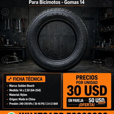 EN VENTA. GOMAS 14 X 250. PARA BICIMOTOS ELECTRICAS DE GOMA 14. NUEVAS. WHATSAPP 52922899 - 2/4