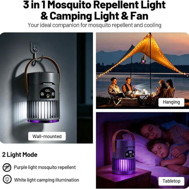🌬️🦟💡 Ventilador portátil 3 en 1 con luz nocturna, mata mosquitos, 5 velocidades, batería 3600mAh recargable - 8/9
