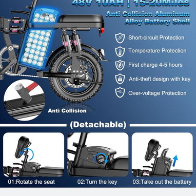 Bicicleta Eléctrica Plegable 14" 1200W 24MPH Batería 48V 10Ah Suspensión y Frenos de Disco - 5/5