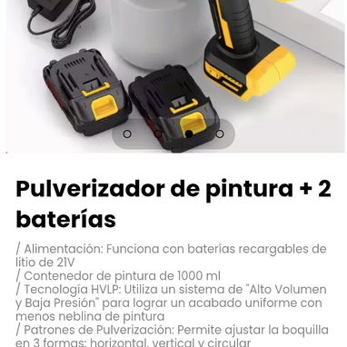 Pulverizador de pintura + 2 baterías. Funciona con baterías recargables de litio de 21V - 2/3