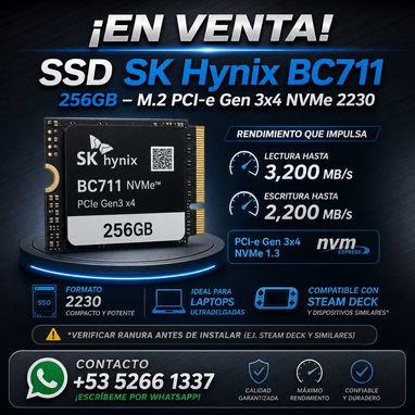 ⚡ ¡EN VENTA! 40 USD - SSD NVMe SK Hynix BC711 256GB – M.2 PCI‑e Gen 3×4 2230 - Img 123604985