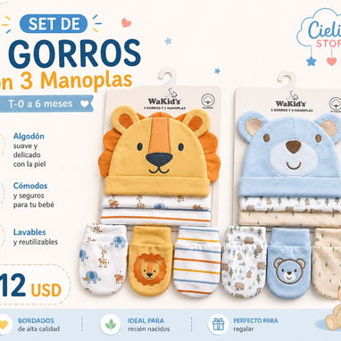🐻 Set de Gorros con 3 Manoplas para Bebes🐻 - 2/2