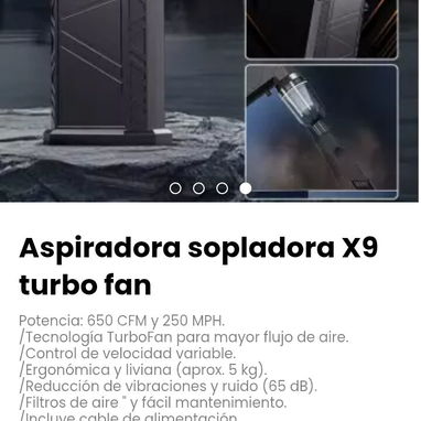 Aspiradora sopladora X9 turbo fan. /Incluye cable de alimentación. - Img 116123372