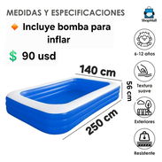 🔹Piscina inflable rectangular 🔸 250 cm x 140 cm x 56 cm 💲90 usd Incluye bomba de aire ☎️52496592 - Img 54452346