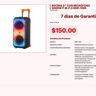 BOCINA DE 8 PULGADAS MS-2055BT $68.00, BOCINA 8'' CON MICRÓFONO 6000W P.M.P.O NDR-1095 $150.00 - 3/10