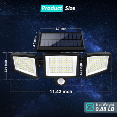 Luz Solar LED Exterior 3 Cabezales NUEVA - Control Remoto, Sensor de Movimiento, 210 LED, 2500 Lumenes, IP65, 270 Grados - 2/3