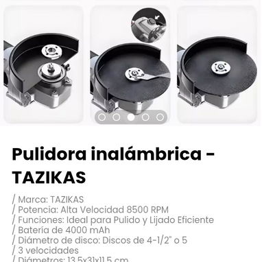 Pulidora inalámbrica - TAZIKAS. Incluye 2 discos de corte, cargador y 1 batería 4Ah, llave de ajuste - 3/4