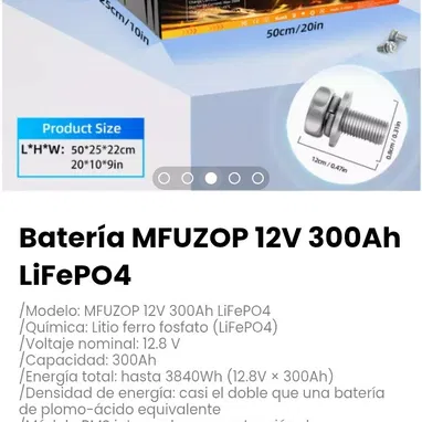 Batería MFUZOP 12V 300Ah LiFePO4. Química: Litio ferro fosfato (LiFePO4) - Img 119687849