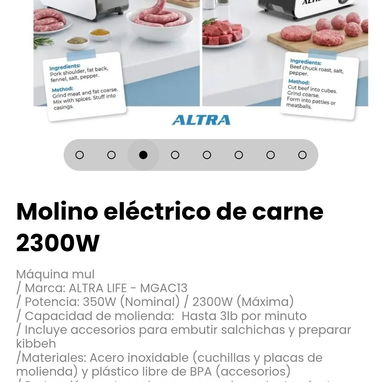 Molino eléctrico de carne 2300W. Incluye accesorios para embutir - 3/8