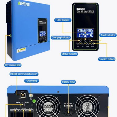 Inversor híbrido Anenji 3KW de potencia, 4KW en paneles. Salida 110V-120V. Entrada de batería 24V. WiFi, RS484 - 3/4