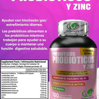 **Cápsulas de suplemento Prebióticos Probiotico y Zinc - Vaginales - 100u (2 al día)** - Img 127578935