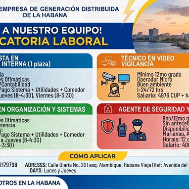 La Empresa de Generación Distribuida de La Habana ofrece las siguientes plazas: - 2/2