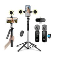 Content Creator Kit de vlogging, trípode de metal para selfie stick de 70.9 in con micrófonos ligeros e inalámbricos, ki - Img 56516349