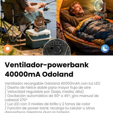 Ventilador-powerbank 40000mA Odoland. Diseño de hélice doble para mayor flujo de aire - 3/6