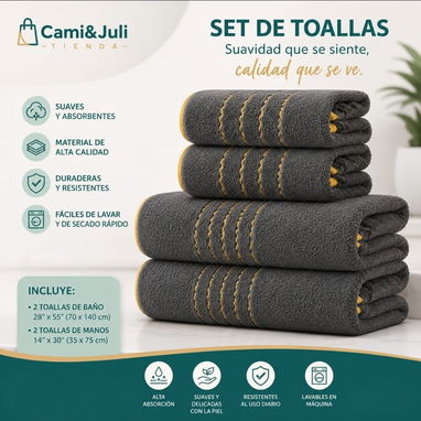 🛍️ Toallas set de 4 piezas 📝 Juego de 4 toallas de lujo (2 de baño, 2 de mano) con exclusivo borde dorado. Calidad de - Img 125561358
