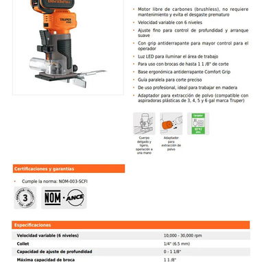 Rebajadora Compacta Inalambrica 1/4 Truper Pro - Img 119556147