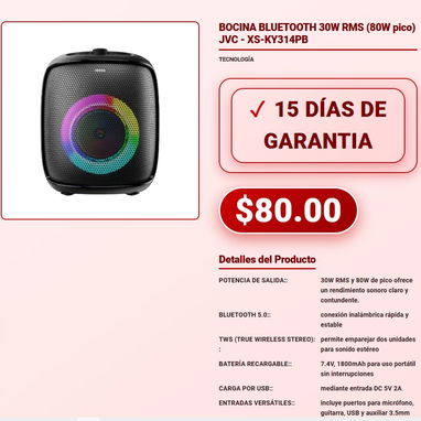 BOCINA BLUETOOTH 30W RMS (80W pico) JVC - XS-KY314PB BOCINA 8'' CON MICRÓFONO 6000W P.M.P.O NDR-1095 - 9/10
