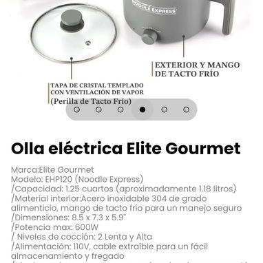 Olla eléctrica Elite Gourmet. Material interior:Acero inoxidable 304 de grado alimenticio, mango de tacto frío - 4/6