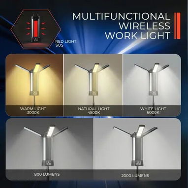 Luz de Trabajo Recargable con Trípode, 3 Cabezas LED y Bolsa - 2/6