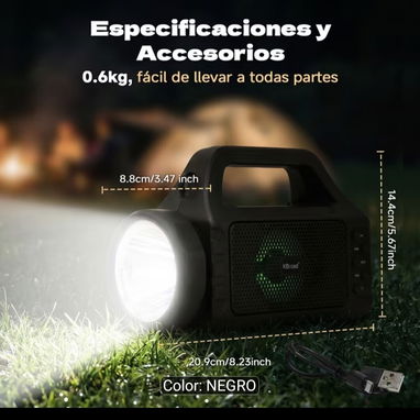 Bocina inalámbrica con Carga Solar, linterna LED 4 Modos. Radio FM, Bluetooth, USB, Tarjeta Micro sd, mas batería de 120 - 7/8