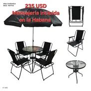 🔖Juego de terraza con sombrilla, sillas plegables y mesa de metal y cristal - Img 56590859