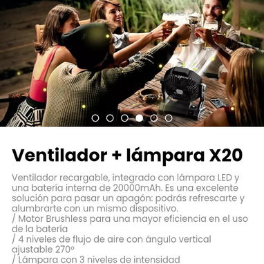 Ventilador + lámpara X20. Ventilador recargable, integrado con lámpara LED y una batería interna de 20000mAh. - Img 121348353