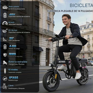 Bicicleta Eléctrica Plegable 14" 1200W 24MPH Batería 48V 10Ah Suspensión y Frenos de Disco🔴‼️OFERTA‼️🔴Quedan pocas. - 2/6