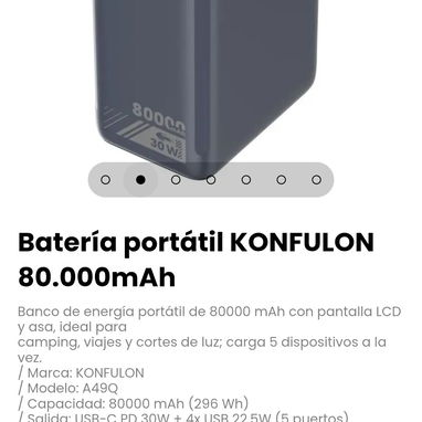 Batería portátil KONFULON 80.000mAh. Capacidad: 80000 mAh (296 Wh) - 2/6