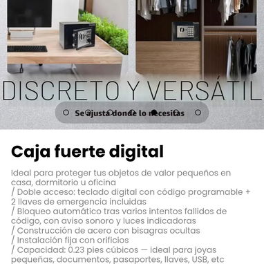 Caja fuerte digital. Doble acceso: teclado digital con código programable + 2 llaves de emergencia incluidas - 5/6