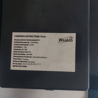Campana Extractora 75cm Acero inoxidable marca Wealco de vidrio templado curvo precio $250 USD Transporte Incluido - Img 125621126