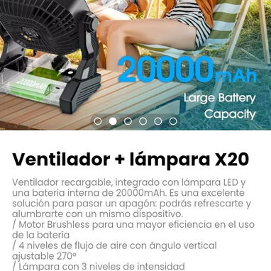 Ventilador + lámpara X20. Ventilador recargable, integrado con lámpara LED y una batería interna de 20000mAh. - Img 121348352
