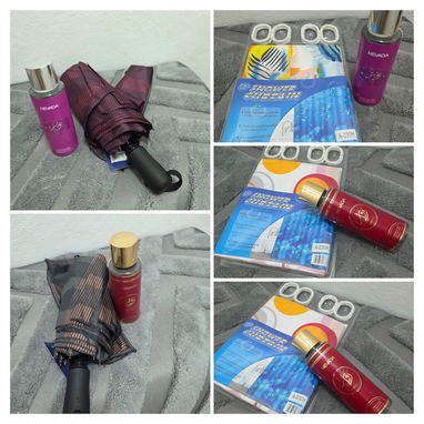 Alfombra, cortina, sombrilla, perfume, pozuelo, toalla con ramo. Playa - Img 120037136