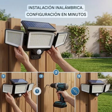 Lámpara Solar Exterior Con Sensor De Movimiento 3 Cabezales Ajustables IP65 Para Seguridad - 6/8