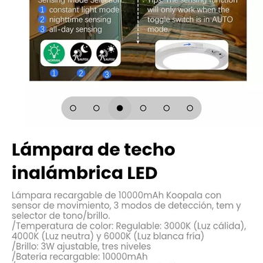 Lámpara de techo inalámbrica LED recargable de 10000mAh Koopala con sensor de movimiento - 3/6