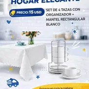 MANTEL RECTANGULAR BLANCO + SET DE 4 TAZAS CON ORGANIZADOR - Img 56012564
