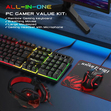 (X) BlueFinger Combo Gamer RGB 4 en 1 Teclado Retroiluminado + Mouse Gaming + Auriculares con Micrófono + Alfombrilla - Img 126468796