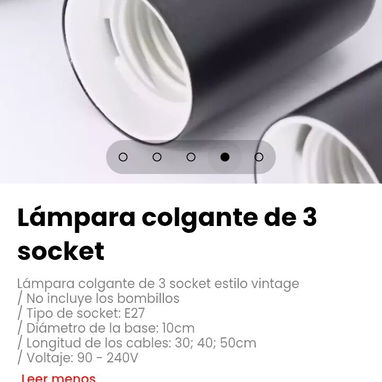 Lámpara colgante de 3 socket estilo vintage. No incluye los bombillos - 4/5