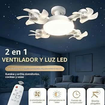 Lámpara con Bombilla,y ventilador de techo atornillada E27 2 en 1 con mando Diseño de 4 cabezales, LED/Diana - 7/7