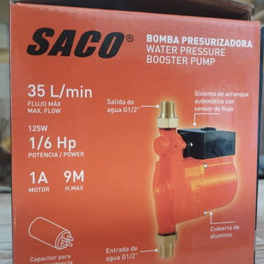 Presurizador: SACO  - flujo máx 35 L x min - potencia 1/6 HP - salida y entrada de 1/2 - sistema de arranque automático - Img 120822470