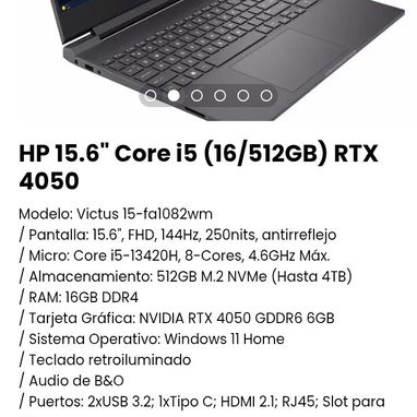 HP 15.6" Core i5 (16/512GB) RTX 4050. / Tarjeta Gráfica: NVIDIA RTX 4050 GDDR6 6GB. Nueva con garantía - Img 108511586