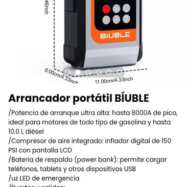 Arrancador portátil BÍUBLE. Compresor de aire, power bank, luz LED  integrados. Nuevo - 2/3