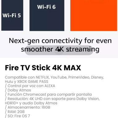 Fire TV Stick 4K MAX Compatible con NETFLIX, YouTube, PrimeVideo, Disney, Hulu y XBOX GAME PASS - 4/7