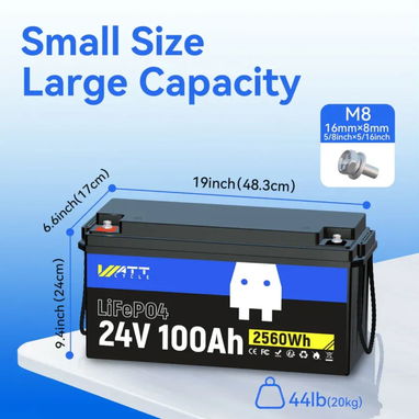 WattCycle Batería LiFePO424V 100Ah, 2560Wh, BMS 100A, Protección de Baja Temperatura y Conexión Escalable - 3/5