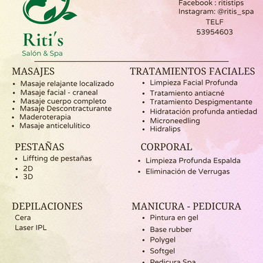 Riti's Salón Spa limpieza facial profunda, masajes, pestañas, cejas, tinte henna, manicura pedicura, depilación - Img 119343887